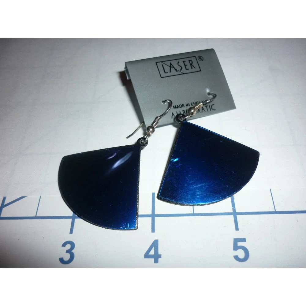 Laser Vintage Cobalt Blue Prismatic Fan Drop Earrings Made in England Retro‎ 80s